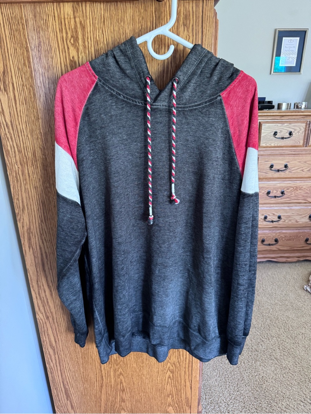 Maurices Charcoal Hoodie with Red and White Sleeves